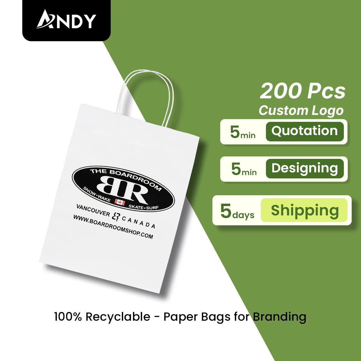 Custom Eco-Friendly Flat Handle Kraft Paper Bag with Recycled Materials for Food Delivery Restaurant Takeout or Takeaway Bag