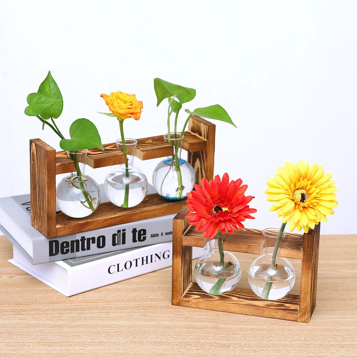 Vintage Two Bulbs Vintage Home Decor Gift Ornaments Frame Hydroponic Flower Vase Glass & Crystal Vases Living Room Table Wooden