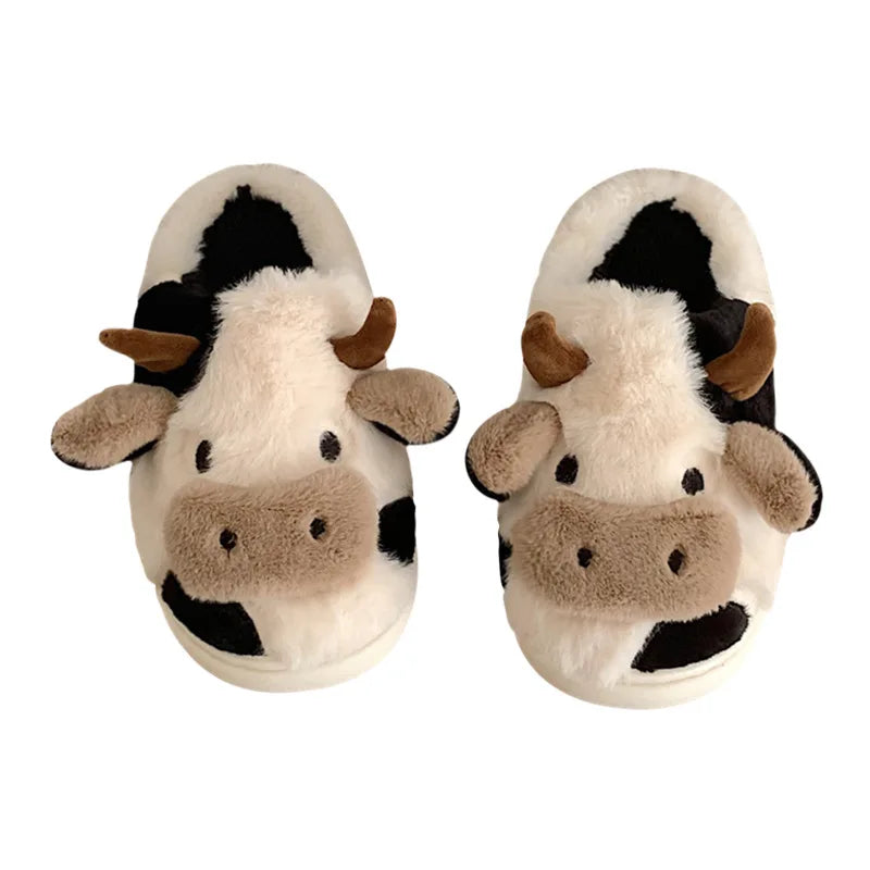 XIXITIAO Cute Cow Plush for Slippers for Women Indoor Summer Warm Home Shoes with PVC Cotton Fabric Platform Style