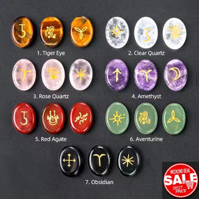 Hot Sales Natural Rose Quartz Witch Rune Set Amethyst Healing Stones Obsidian Runic Divination Set