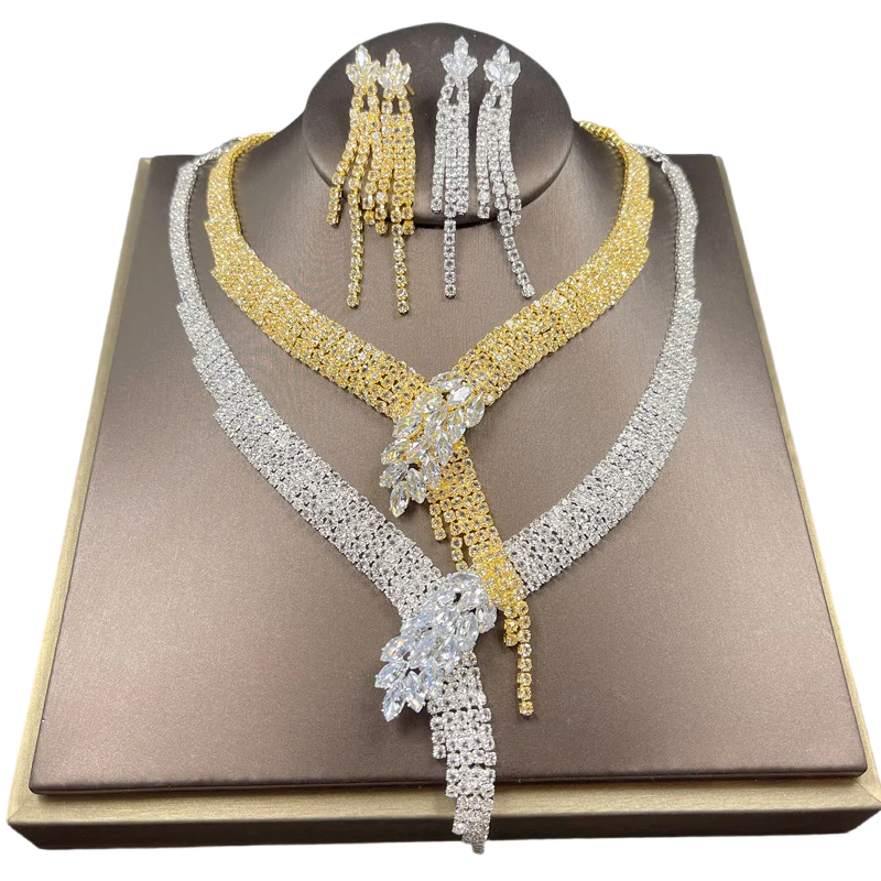 Wholesale Jewelry Hot-selling Handmade Fashion Bridal Jewelry Necklace Earrings Ring Bracelet Four-piece Rhinestone Set