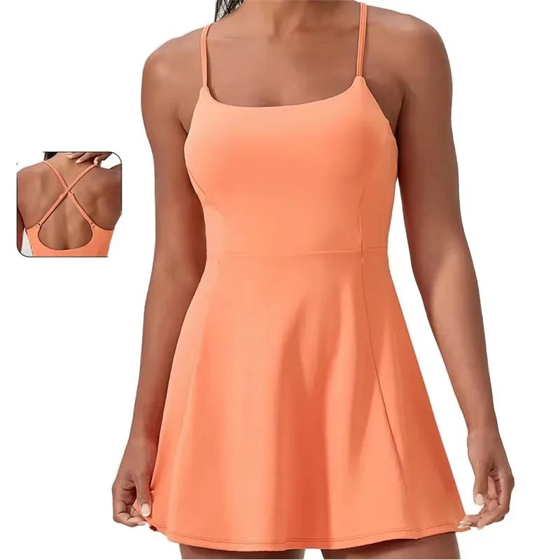 M325 Hot Sell Women's Beauty Back One Piece Fitness Tennis Dress Quick-Drying Chest Cushion Naked Short Skirt