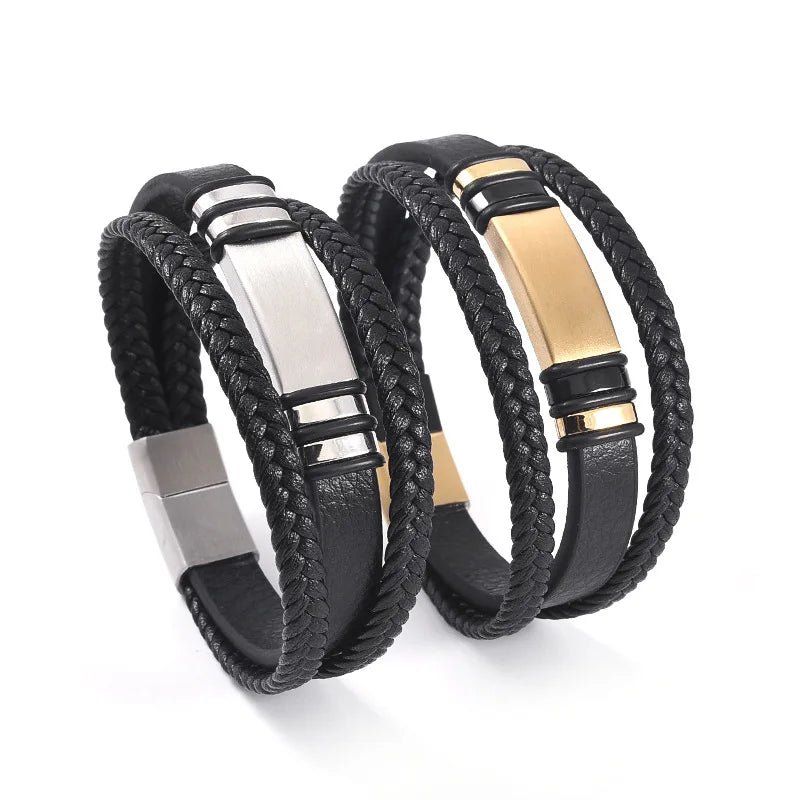 Custom Engraved DIY Logo Stainless Steel Bar Multi Layer Braided Leather Bracelets