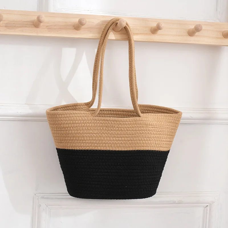 Hot Selling Custom Cotton Rope Braided Handmade Tote Handbag Portable Open Closure Women's Shoulder Bag for Holidays Dual