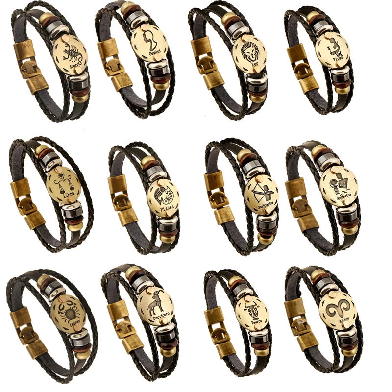 Fashion Horoscope Zodiac Wholesale Custom Handmade Constellations Charms Trendy Bracelets Unisex Jewelry Antique Bronze Plated