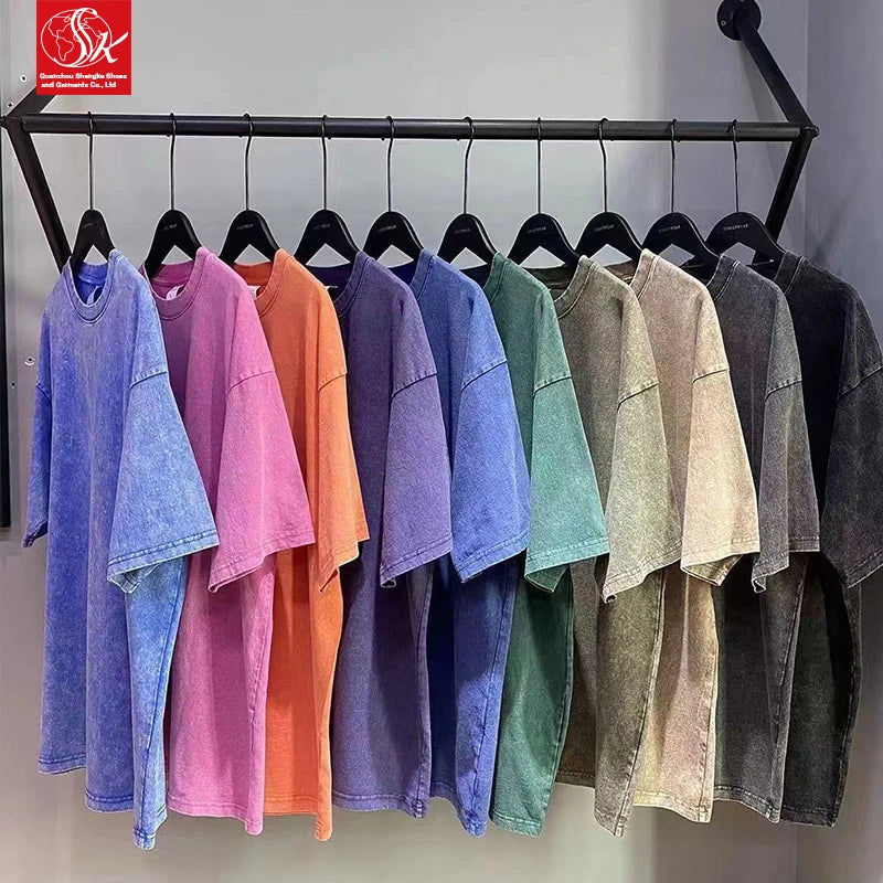 SK 230g Old Retro Trend T-Shirt 100% Cotton Heavy Wash Short Sleeve Loose Fit O-Neck Solid Print Oversized Knitted Fabric
