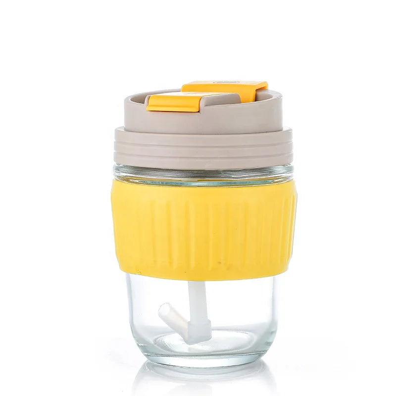 Reusable Borosilicate Travel Glass Coffee Tumbler Cup Mug Bottle with Straw and Lid