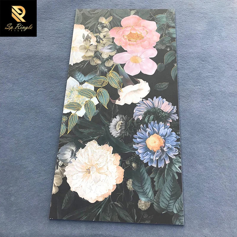 Springletile 600x1200 Black Gold Flower Pattern Porcelain Floor Italian Matte Bathroom Ceramic Wall Tiles