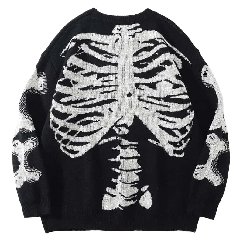 Black Crew Neck Personalized Men's Pullover Hombres Winter Anti-Wrinkle Knitted Sweater with Skull and Bone Pattern Design