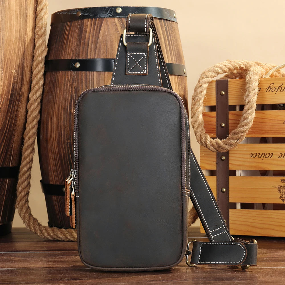 MARRANT Crazy Horse Genuine Leather Outdoor Travel Shoulder Chest Daypack Men's Leather Crossbody Sling Bag Leather Chest Bag