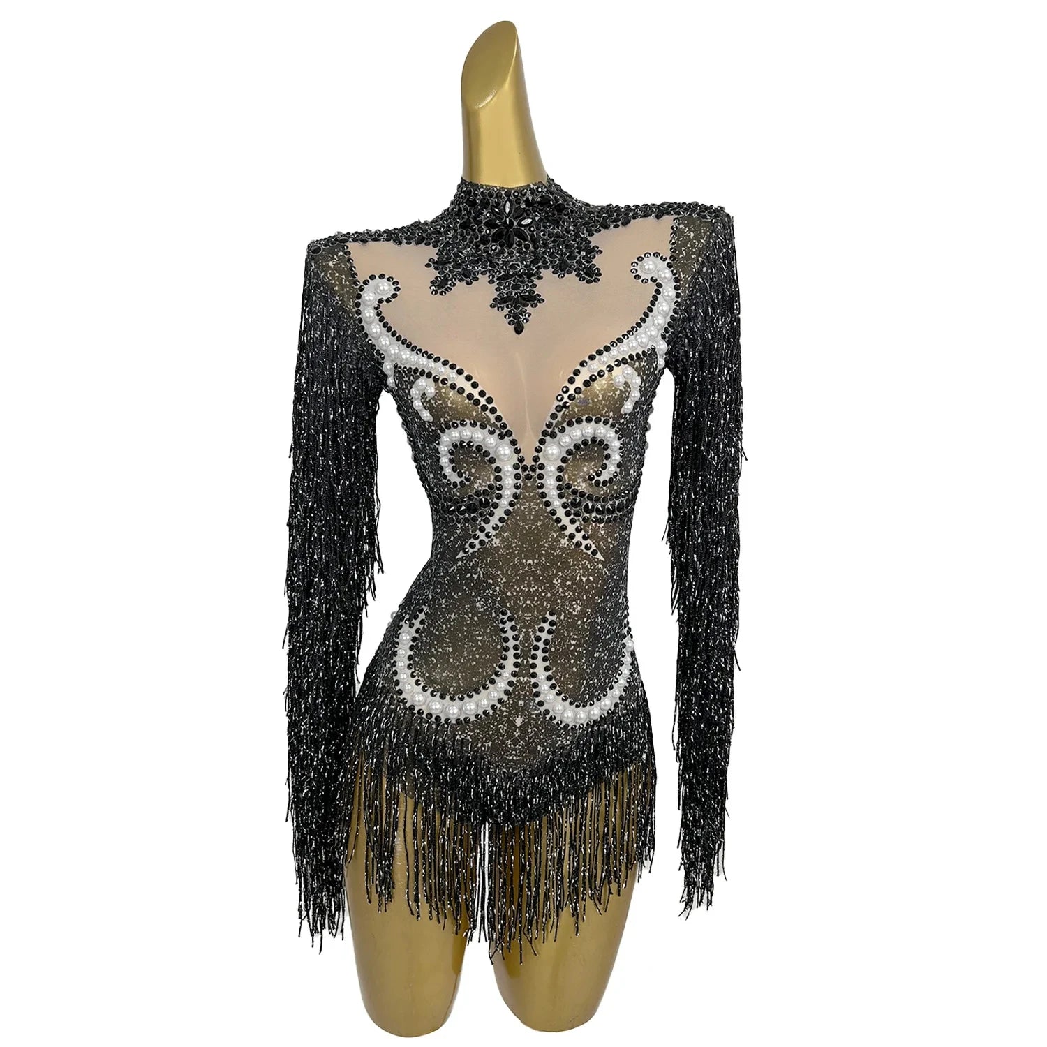 Fashion Pearls Fringes One Piece Jumpsuit Drag Show Leotard Performance Dancewear Women Carnival Party Rhinestone Bodysuits