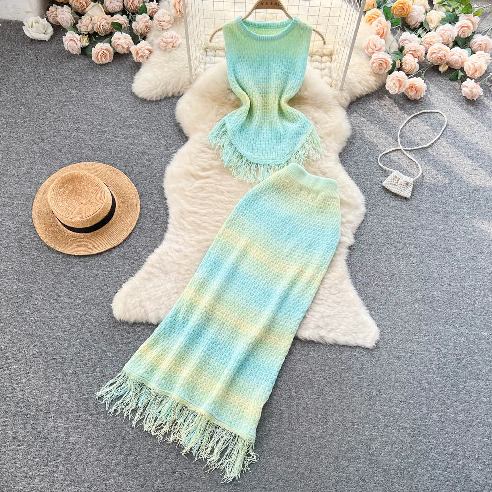 Women's Sets Tassel Tops High Waist Irregular Design Casual Knitting Two Piece Set Clothing Wholesale