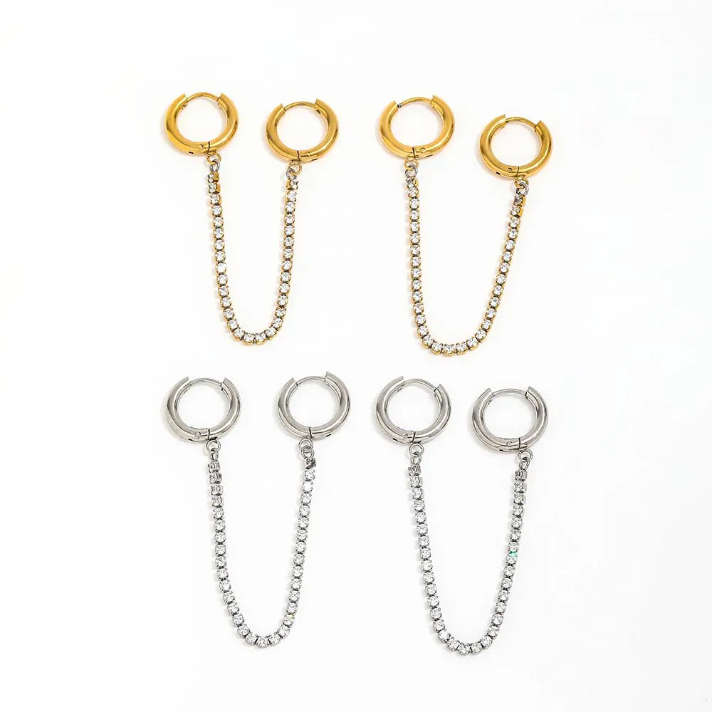 JOOLIM  High End 18K Gold Plated Zirconia Pave Chain Tassel Double Stainless Steel  Huggie Earrings Gold Jewelry 2022