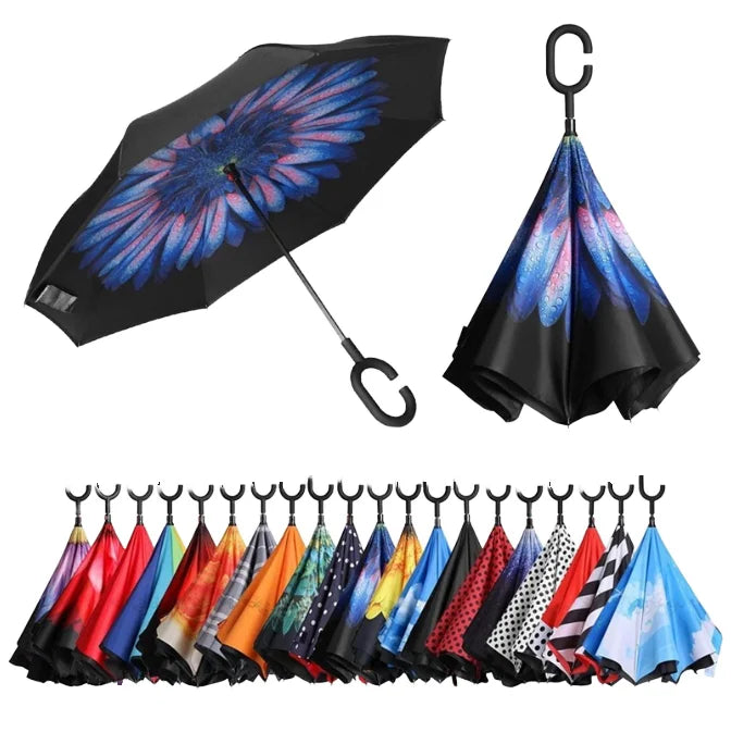Best Seller Portable Double Fabric Windproof C-Shape Handle Straight Pattern Back School Inverted Reverse Umbrella
