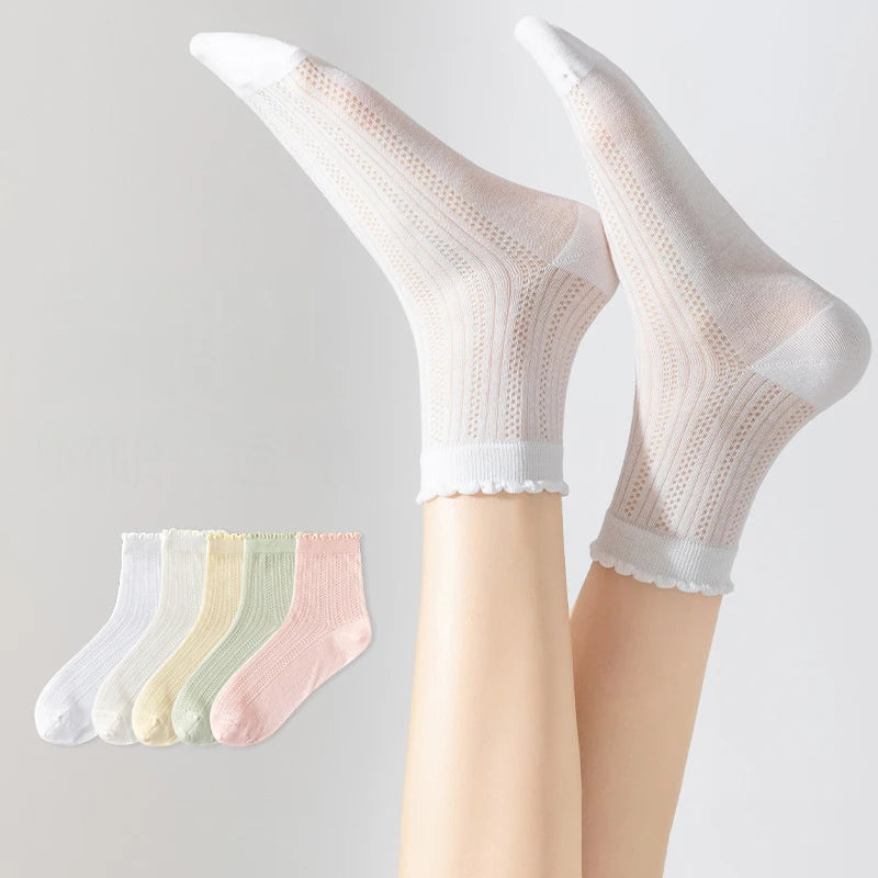 Wholesale Solid Cotton Mesh Crew Socks Girls Stockings Fittable Breathable Ruffled Socks for Women