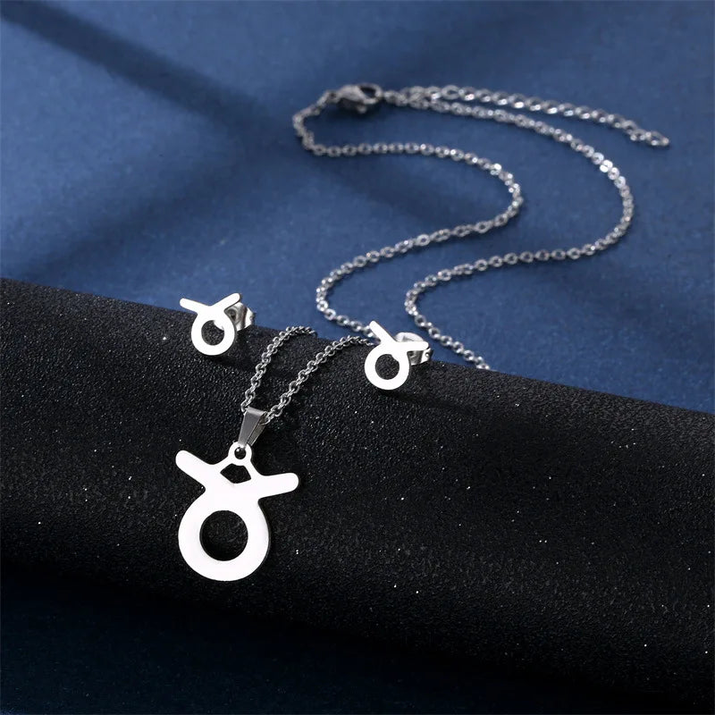 European and American Stainless Steel 12 Zodiac Necklace Earrings Jewelry Set Women Symbol Pendant Zodiac Set