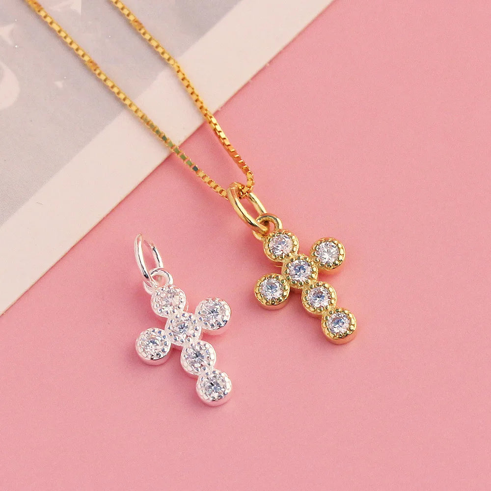 New Design 925 Sterling Silver 8.8mm Gold Plated Pave Diamond Cross Pendant for Necklace Jewelry Making