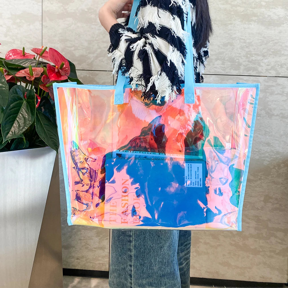 Custom Logo Large Handbags Design PVC Iridescent Holographic Beach Tote Bag for Women New Packing Eco-friendly