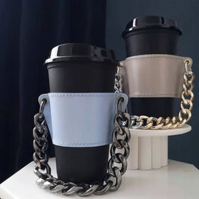 Creative Leather Tea Cup Sleeve with Handle Bubble Tea Cup Holder Coffee Cup Sleeve with DIY Chain Handle