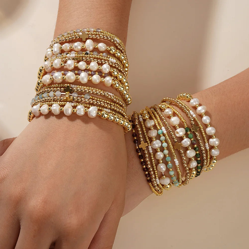 Luxury Cross Pearl Gold Beaded Bracelet 4pcs Fashion Natural Stone Multi-layer Bracelet Set for Women