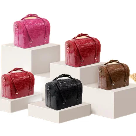 Fashionable PU Makeup Organizer Bag Travel-friendly Cosmetic Case Trays Cover Closure Thread Pattern Beauty Luggage Organizer