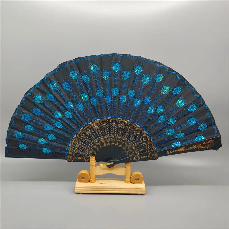 Hot Sale Fashion Folding Cloth Sequin Hot Stamping Hollow Plastic Bone Hand Fans for Wedding Handfan Custom