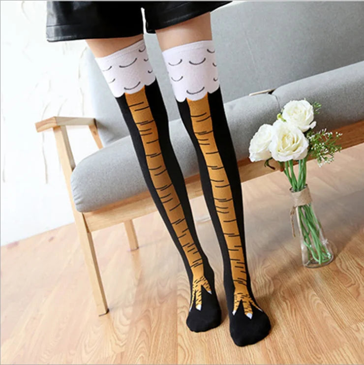 HF Women's Anti-Slip High Tube Sports Cotton Socks Funny Chicken Feet Knee Socks for Spring Autumn Knitted over Knee Length