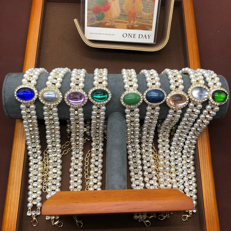 Vintage Colorful Glass Pearl Necklace Earrings Bracelet Set Exquisite Party Dress Jewelry Luxury Choker Necklace for Women