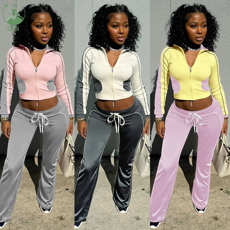 Womens Clothing 2 Piece Set Women Tracksuits Patchwork Sweatpants and Zipper Jacket Fall Winter Casual Clothes for Women