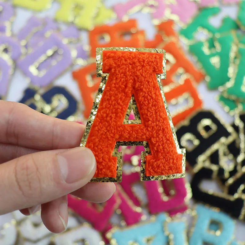 Hot Selling Spot RTS 6cm Gold Glitter Letter Star Chenille Patches Iron on Clothing Chenille Patches