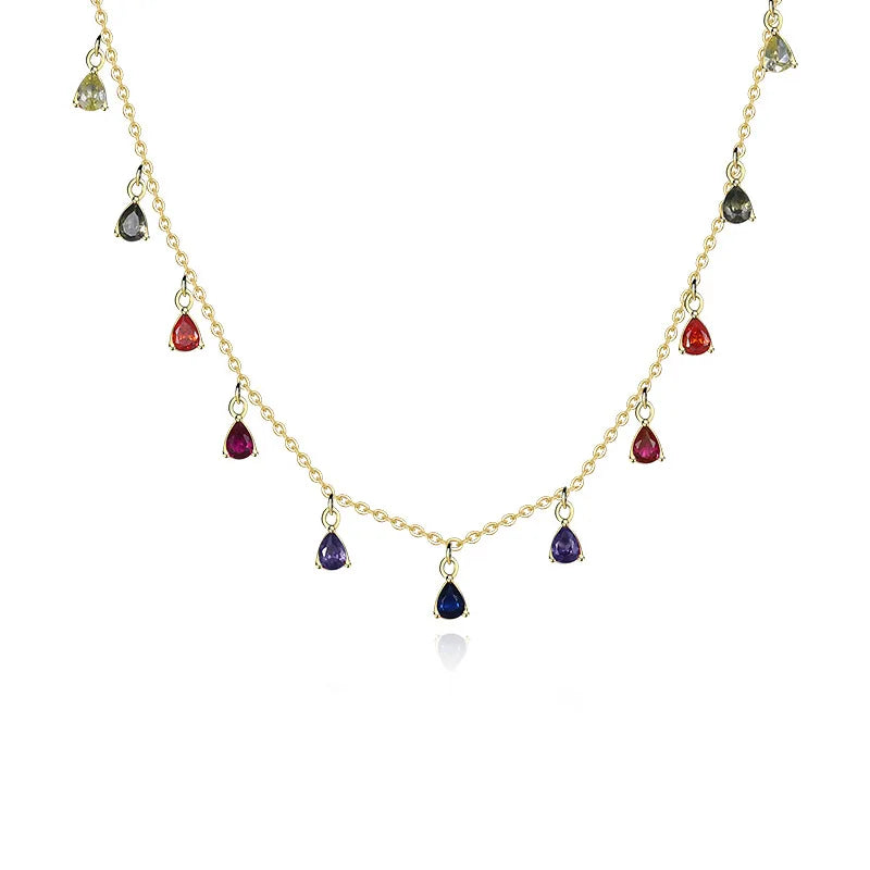 Daidan Women Necklace Gold Plated Teardrop Water Drop Cz 925 Sterling Silver Colorful Rainbow Zircon Choker Necklace