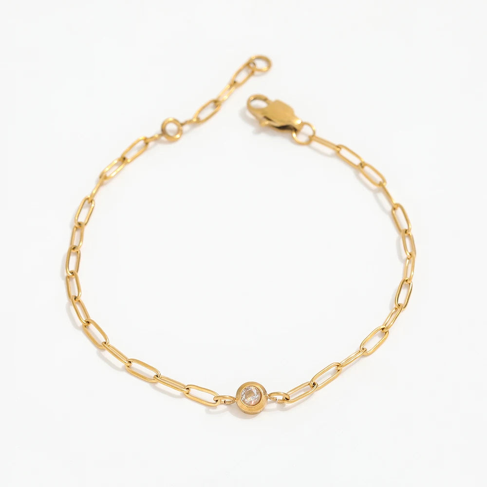 18K PVD Gold Plated Waterproof Stainless Steel Paper Clip Chain Round Zirconia Bracelet for Women Wholesale Jewelry