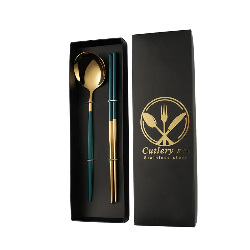 2PCS Flatware Stainless Steel Spoon and Chopsticks Cutlery Set With Gift Box