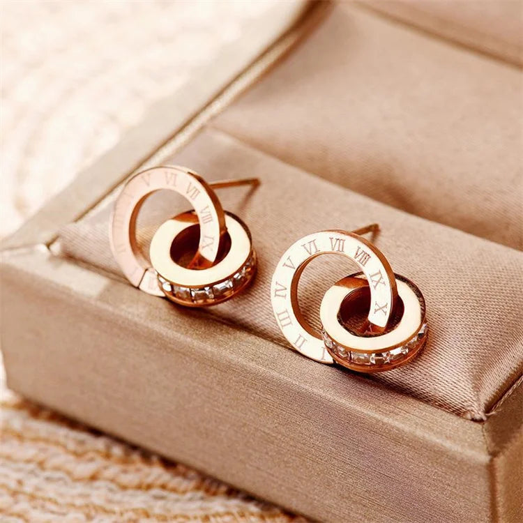 Wholesale Roman Numeral Double Ring Diamond Stainless Steel Earring for Women Light Luxury Versatile18K Gold Plated Earring