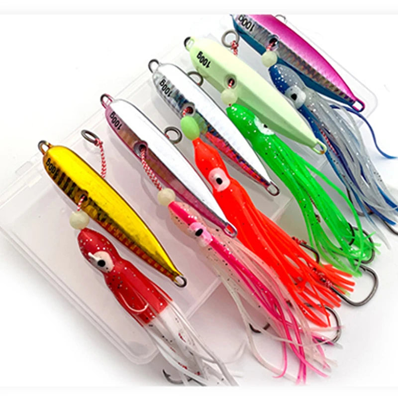 Inchiku Metal Jig Head Lure 80g 100g 120g 150g 180g 200g Luminous Lead Squid Hook Soft Sinking Saltwater Slow Jigging Lure