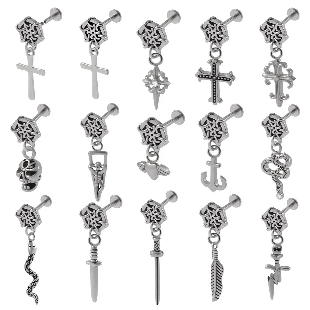 Punk Stainless Steel Vintage Cross Flat Back Ear Studs Pendant Tragus Helix Cartilage Lobe Earrings Unisex Body Piercing