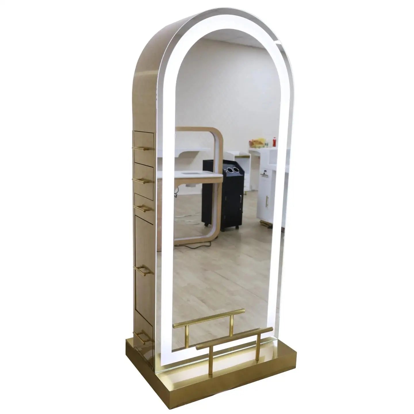 Barbershop Gold Stainless Steel Arched Led Double Salon Station Styling Mirror Station Hair Salon Mirror with Storage