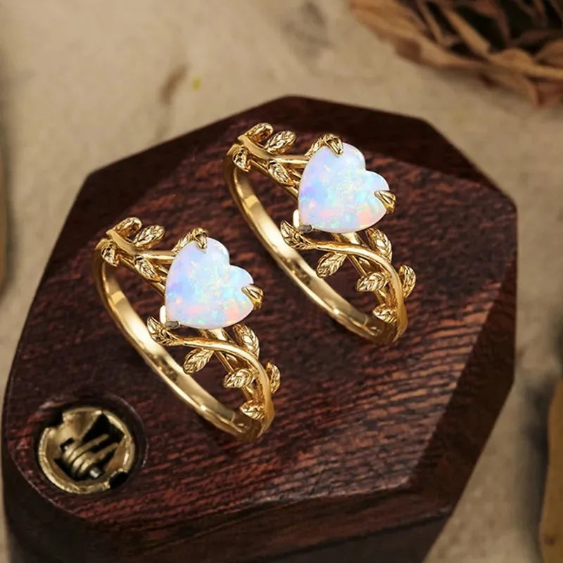 925 Sterling Silver Opal Love Ring European and American Style Leaf Branch Design Fashion Index Finger Ring