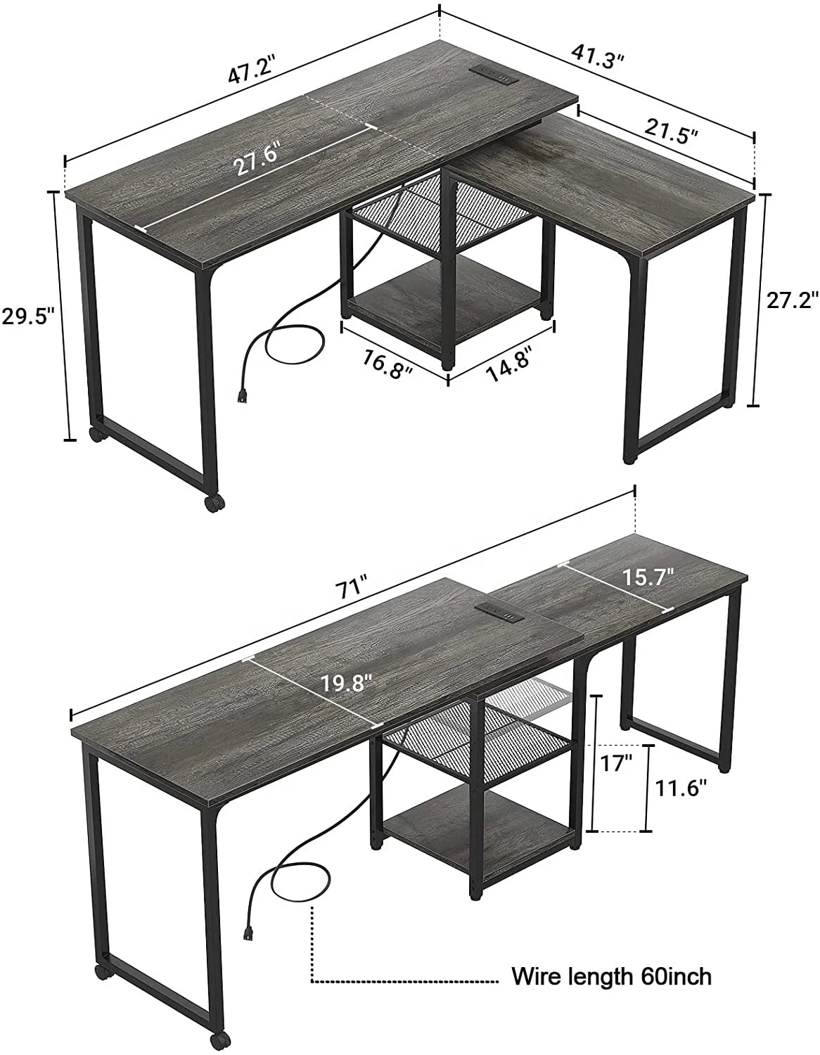 L Shaped Desk with Outlets and USB Ports Reversible Corner Computer Desks Modern Home Office Desk with Adjustable Storage