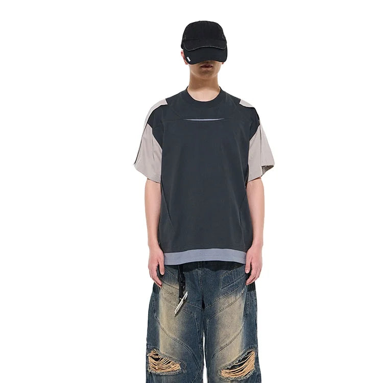 2026 Custom Splicing Embroidery Logo Gothic Knitted T Shirt Short Sleeve O-Neck Two Pieces Men Casual Wear