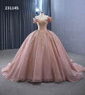 Glitter Rose Pink off Shoulder Puff Sleeve Floor-Length Ball Gown Crystal Embroidery Elegant Women's Evening Dress