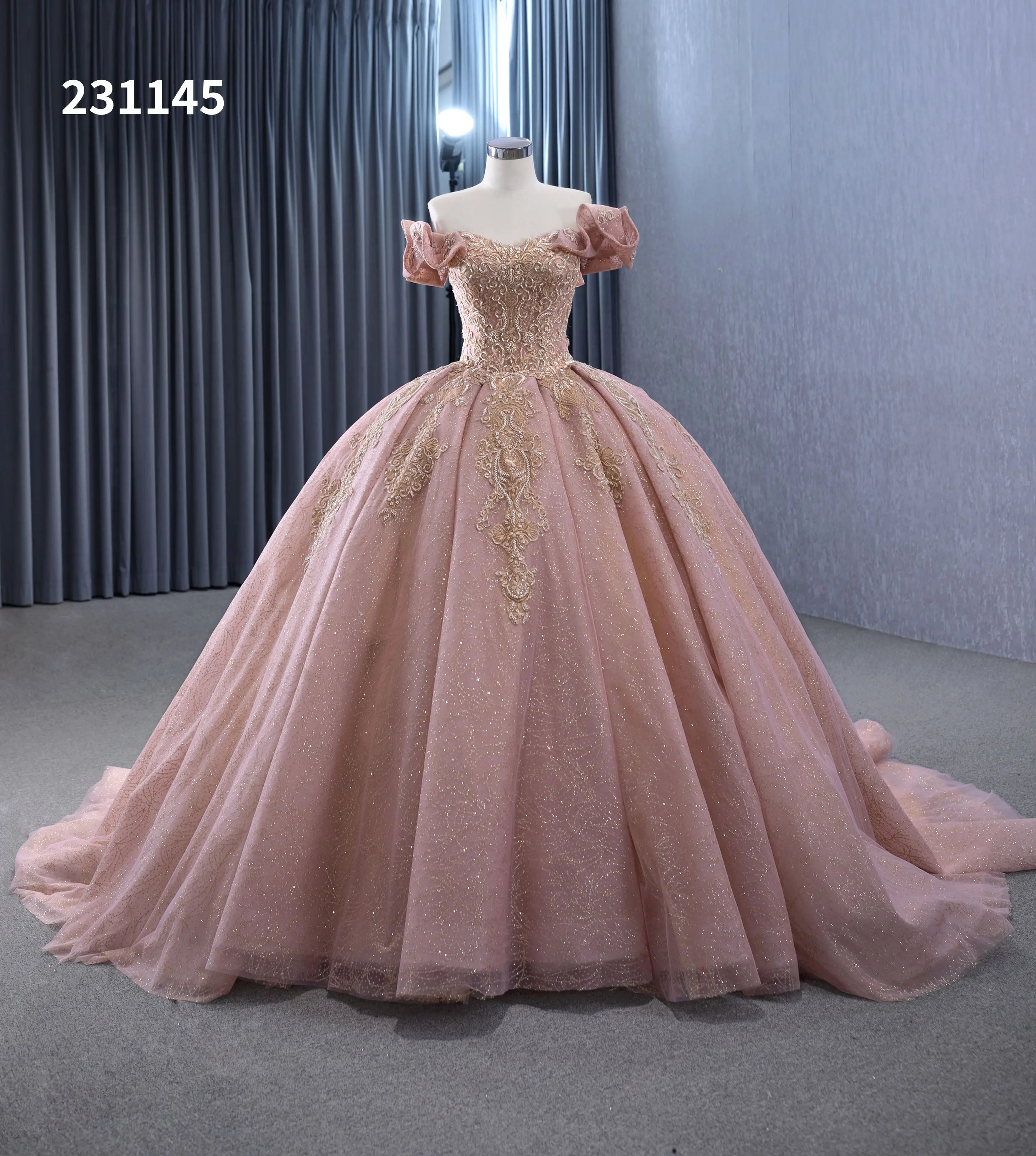 Glitter Rose Pink off Shoulder Puff Sleeve Floor-Length Ball Gown Crystal Embroidery Elegant Women's Evening Dress