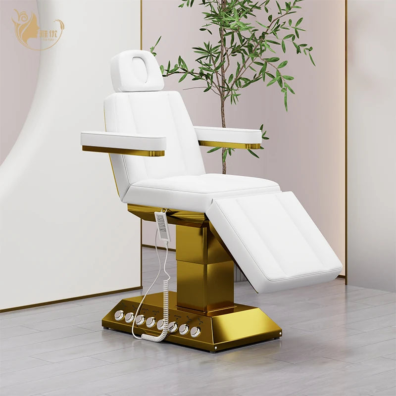 Luxury Gold Facial Bed With Cylindrical Base 4 Motors Electric Massage Table for Salon