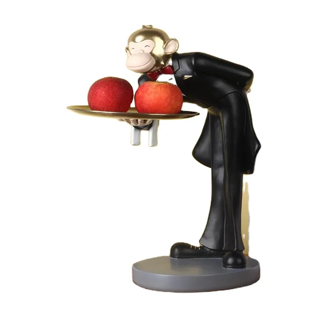 Modern Nordic Light Luxury Resin Monkey Storage Ornaments Creative Waiter Storage Tray Living Room Porch Home Soft Decorations