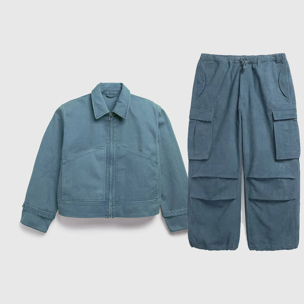 Men's Heavy Canvas Work Jacket | Vintage High Street Cargo Suit | Heavyweight Cotton Sweatpants and Jacket Set