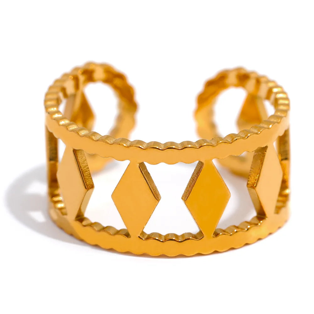 JINYOU 2220 Chic Waterproof Stainless Steel Rhombus Geometric Hollow Open Ring 18k Gold Korean Stylish Trendy Jewelry Women MegaBDM