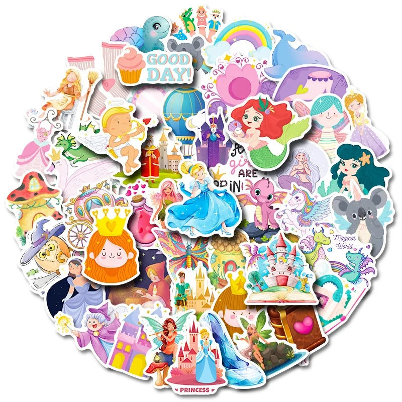 50Pcs Cute Cartoon Princess Girl Sticker Label for Children Girl Notebook Phone Diy Decorative Waterproof Stickers