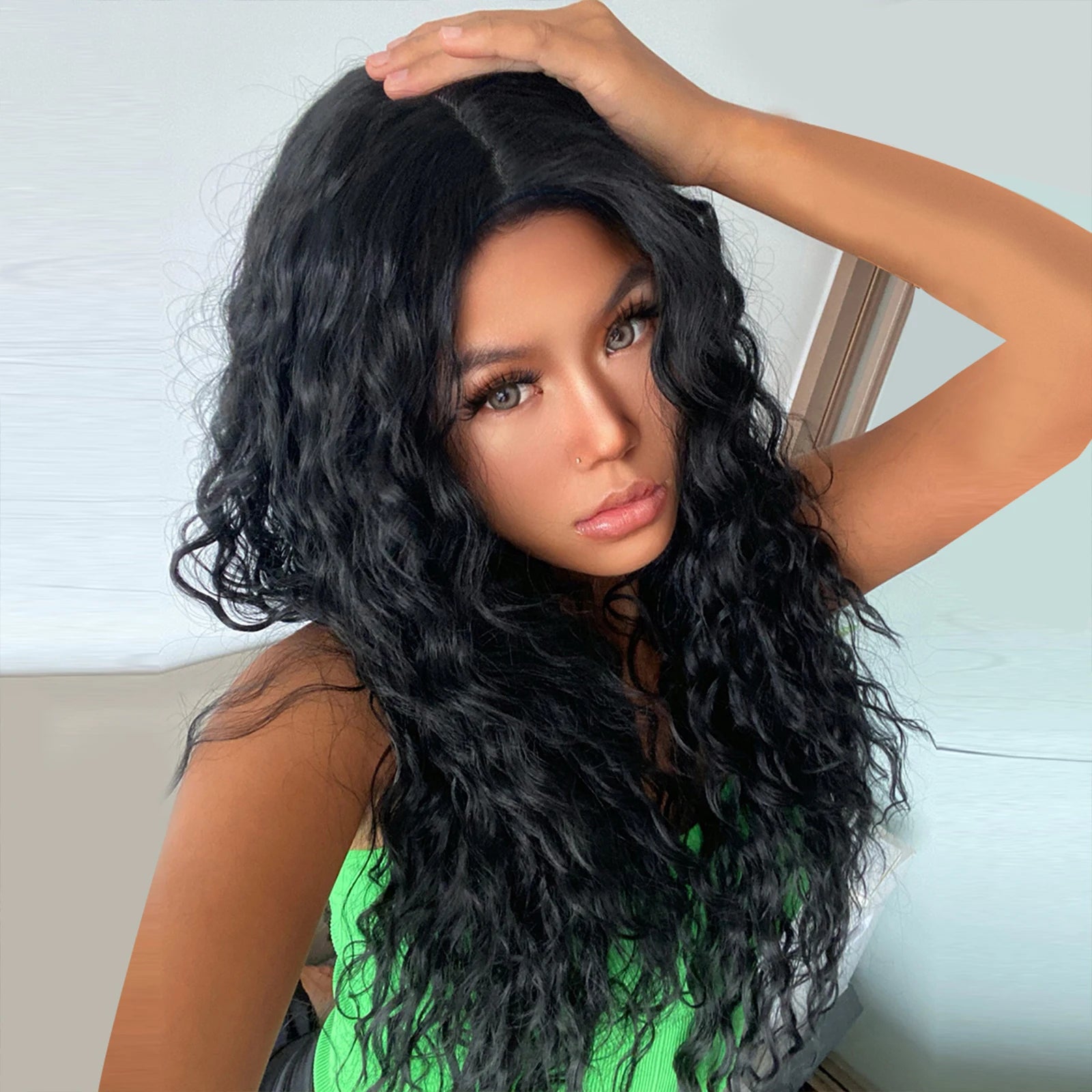 Japan Fiber Black Lace Wigs Long Curly Lace Front Synthetic Wig for Women Brazilian Afro Deep Wavy Heat Resistant