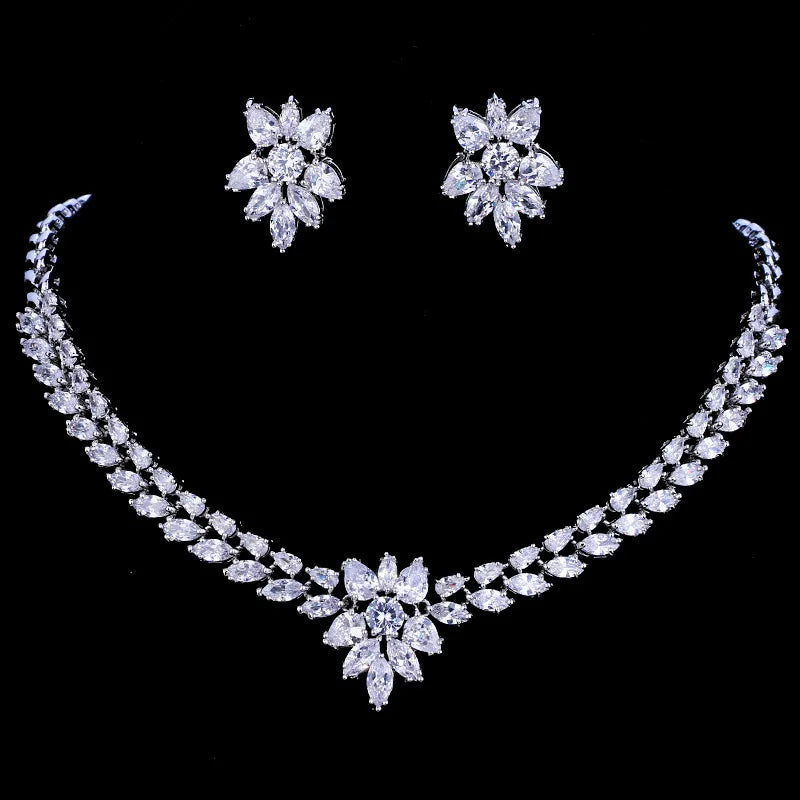 SLBRIDAL Luxury Sparkling Prong Setting Bridal Cubic Zircon Necklace Earring Set Wedding CZ Jewelry Set Women Party Jewelry