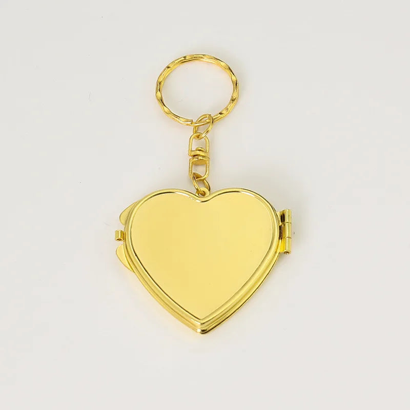 DIY Souvenir Gift Custom Epoxy Picture LOGO Colors Giveaway Gold Heart Shape Mini Folding Metal Pocket Mirror With Keychain